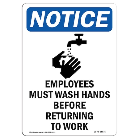 Signmission OSHA Notice Sign, 18" H, Aluminum, Employees Must Wash Sign With Symbol, Portrait, 1218-V-11975 OS-NS-A-1218-V-11975